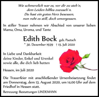 Traueranzeige von Edith Bock (geb. Paetsch)  von Magdeburger Volksstimme