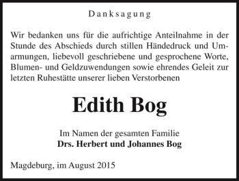Traueranzeige von Edith Bog  von Magdeburger Volksstimme