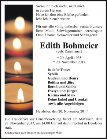Traueranzeige von Edith Bohmeier (geb. Dannhauer)  von Magdeburger Volksstimme
