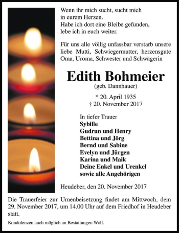 Traueranzeige von Edith Bohmeier (geb. Dannhauer)  von Magdeburger Volksstimme