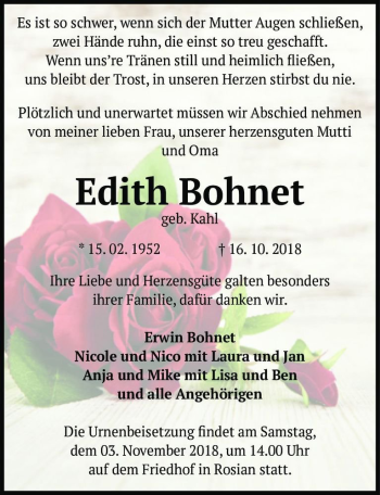 Traueranzeige von Edith Bohnet (geb. Kahl)  von Magdeburger Volksstimme