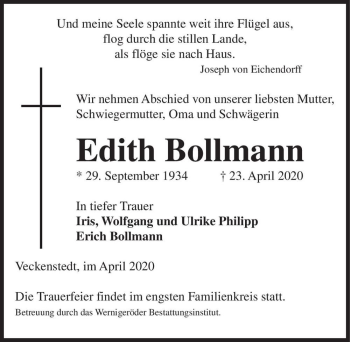 Traueranzeige von Edith Bollmann  von Magdeburger Volksstimme