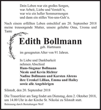 Traueranzeige von Edith Bollmann (geb. Hartmann)  von Magdeburger Volksstimme