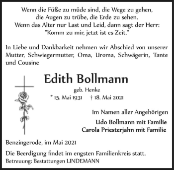 Traueranzeige von Edith Bollmann (geb. Henke)  von Magdeburger Volksstimme