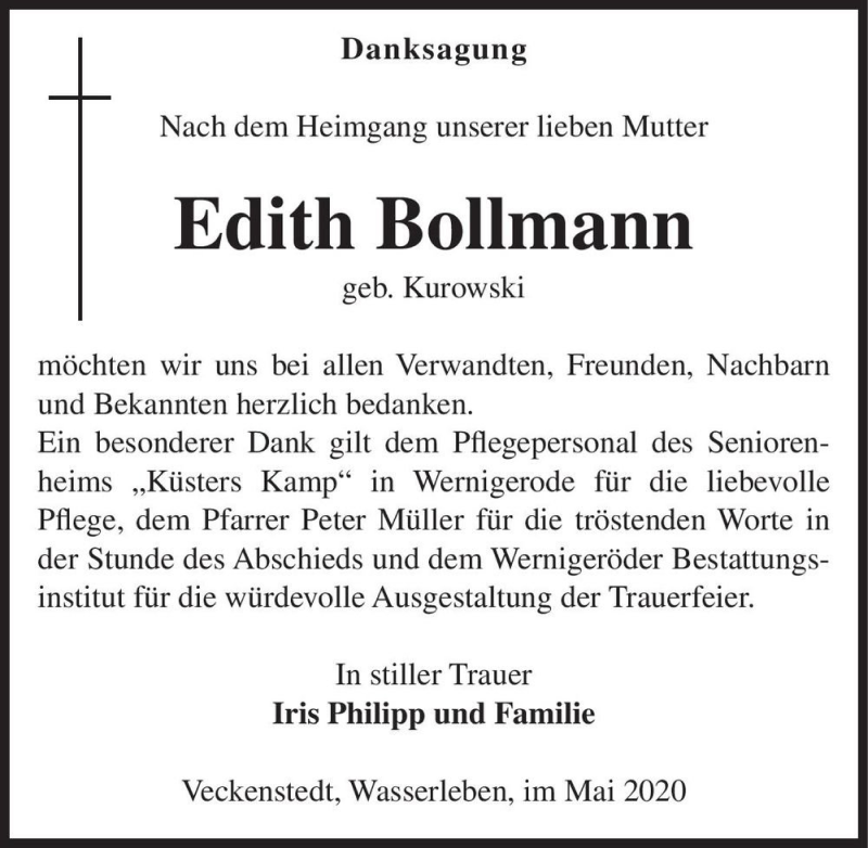  Traueranzeige für Edith Bollmann (geb. Kurowski)  vom 18.05.2020 aus Magdeburger Volksstimme