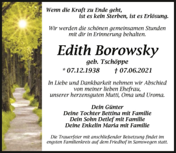 Traueranzeige von Edith Borowsky (geb. Tschöppe)  von Magdeburger Volksstimme