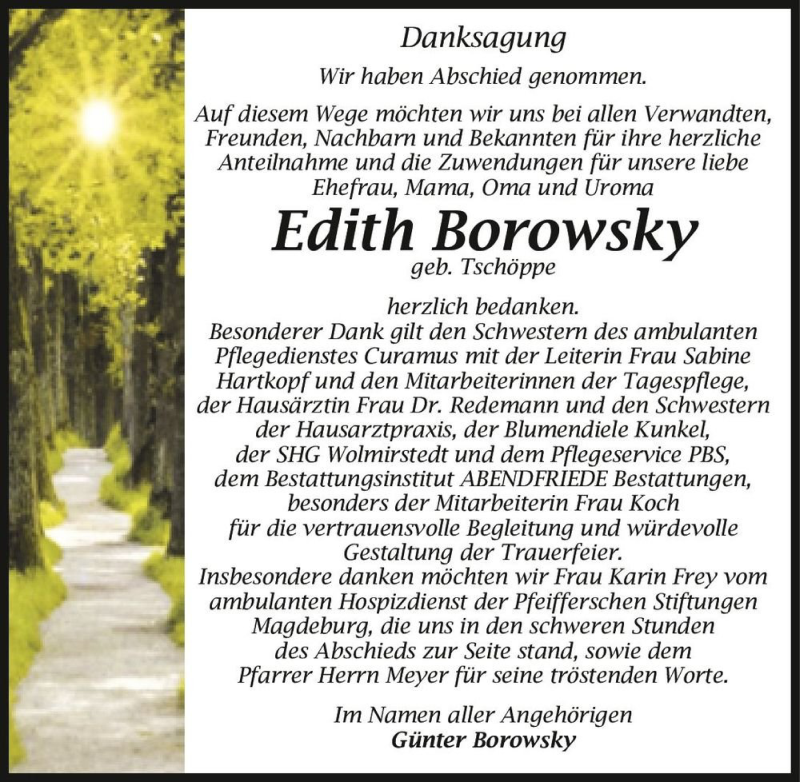  Traueranzeige für Edith Borowsky (geb. Tschöppe)  vom 17.07.2021 aus Magdeburger Volksstimme
