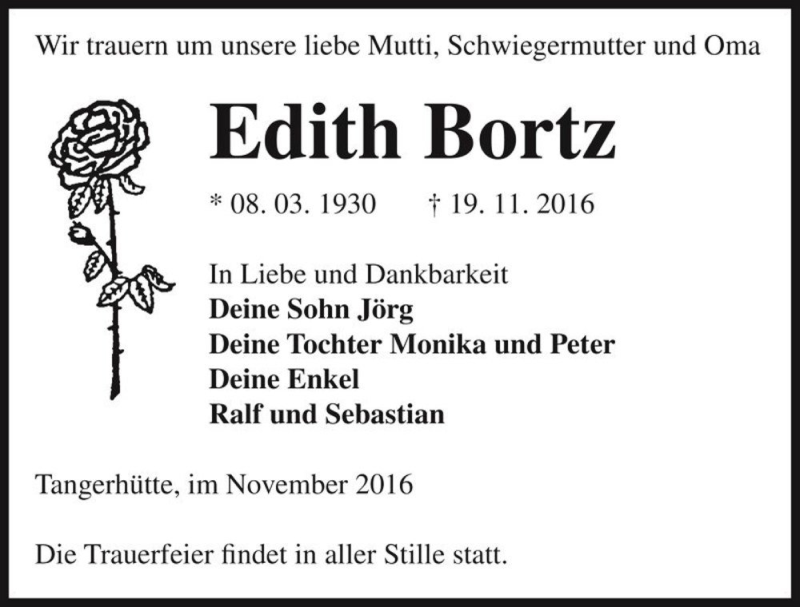  Traueranzeige für Edith Bortz  vom 22.11.2016 aus Magdeburger Volksstimme
