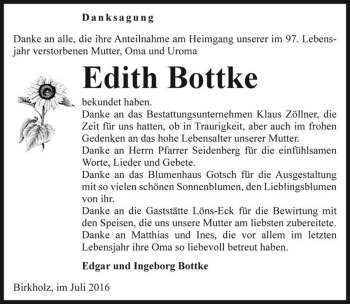 Traueranzeige von Edith Bottke  von Magdeburger Volksstimme