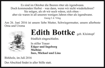 Traueranzeige von Edith Bottke (geb. Kleintopf)  von Magdeburger Volksstimme