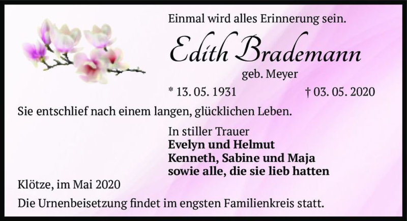  Traueranzeige für Edith Brademann (geb. Meyer)  vom 08.05.2020 aus Magdeburger Volksstimme