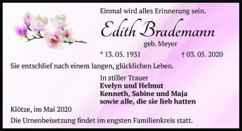 Traueranzeige von Edith Brademann (geb. Meyer)  von Magdeburger Volksstimme