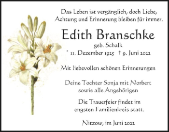 Traueranzeige von Edith Branschke (geb. Schalk)  von Magdeburger Volksstimme