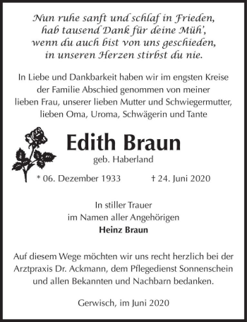 Traueranzeige von Edith Braun (geb. Haberland)  von Magdeburger Volksstimme