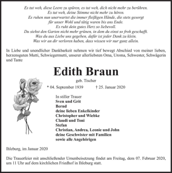 Traueranzeige von Edith Braun (geb. Tischer)  von Magdeburger Volksstimme