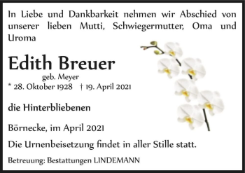 Traueranzeige von Edith Breuer (geb. Meyer)  von Magdeburger Volksstimme