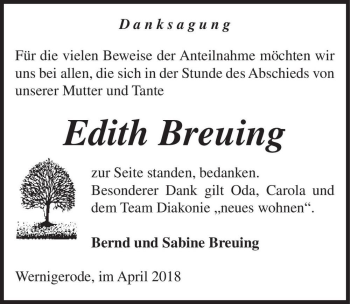 Traueranzeige von Edith Breuing  von Magdeburger Volksstimme