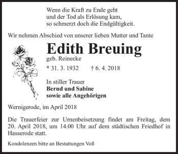 Traueranzeige von Edith Breuing (geb. Reinecke)  von Magdeburger Volksstimme