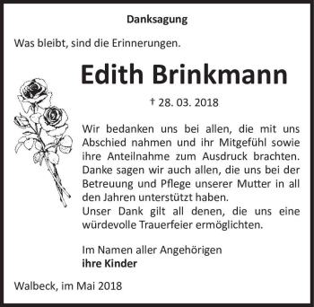 Traueranzeige von Edith Brinkmann  von Magdeburger Volksstimme