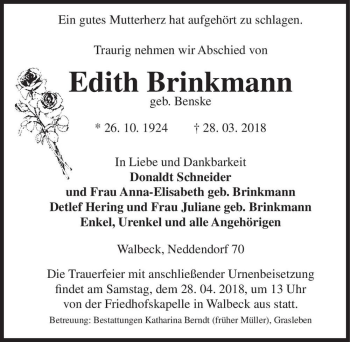Traueranzeige von Edith Brinkmann (geb. Brenske)  von Magdeburger Volksstimme