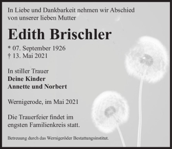 Traueranzeige von Edith Brischler  von Magdeburger Volksstimme