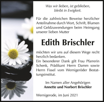 Traueranzeige von Edith Brischler  von Magdeburger Volksstimme