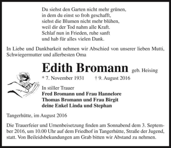 Traueranzeige von Edith Bromann (geb. Heising)  von Magdeburger Volksstimme