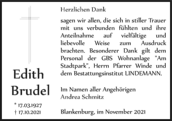 Traueranzeige von Edith Brudel  von Magdeburger Volksstimme
