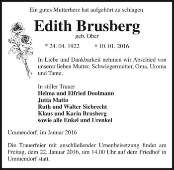 Traueranzeige von Edith Brusberg (geb. Ober)  von Magdeburger Volksstimme