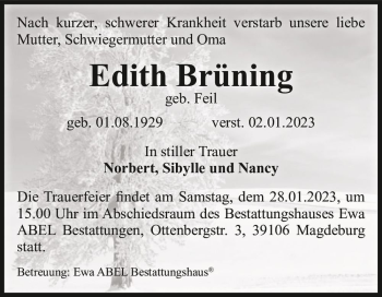 Traueranzeige von Edith Brüning (geb. Feil)  von Magdeburger Volksstimme