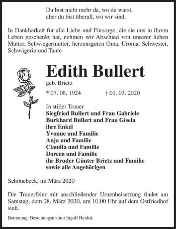 Traueranzeige von Edith Bullert (geb. Brietz)  von Magdeburger Volksstimme