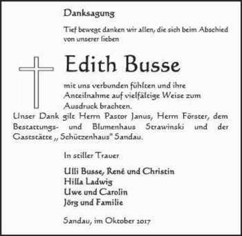 Traueranzeige von Edith Busse  von Magdeburger Volksstimme