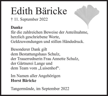 Traueranzeige von Edith Bäricke  von Magdeburger Volksstimme