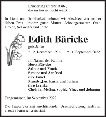 Traueranzeige von Edith Bäricke (geb. Janke)  von Magdeburger Volksstimme