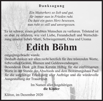 Traueranzeige von Edith Böhm  von Magdeburger Volksstimme