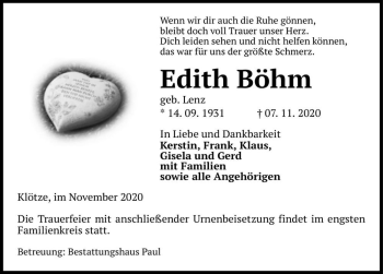 Traueranzeige von Edith Böhm (geb. Lenz)  von Magdeburger Volksstimme