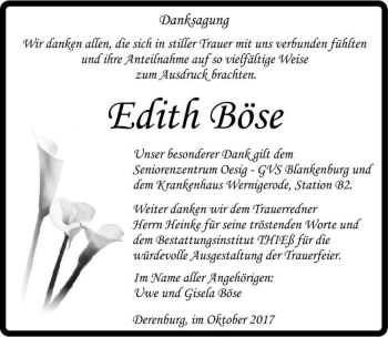 Traueranzeige von Edith Böse  von Magdeburger Volksstimme