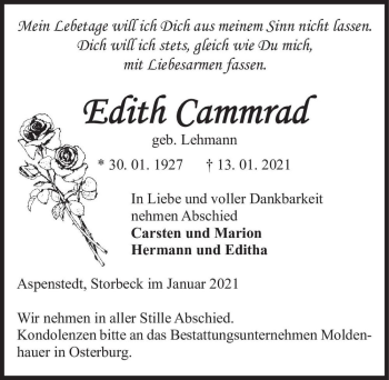 Traueranzeige von Edith Cammrad (geb. Lehmann)  von Magdeburger Volksstimme