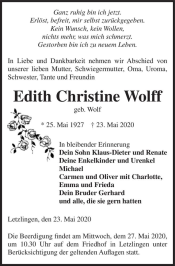 Traueranzeige von Edith Christine Wolff (geb. Wolf)  von Magdeburger Volksstimme