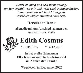 Traueranzeige von Edith Cosmus  von Magdeburger Volksstimme