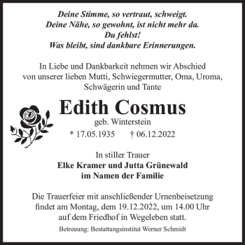 Traueranzeige von Edith Cosmus (geb. Winterstein)  von Magdeburger Volksstimme