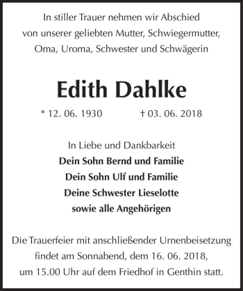 Traueranzeige von Edith Dahlke  von Magdeburger Volksstimme