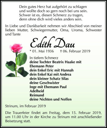 Traueranzeige von Edith Dau  von Magdeburger Volksstimme