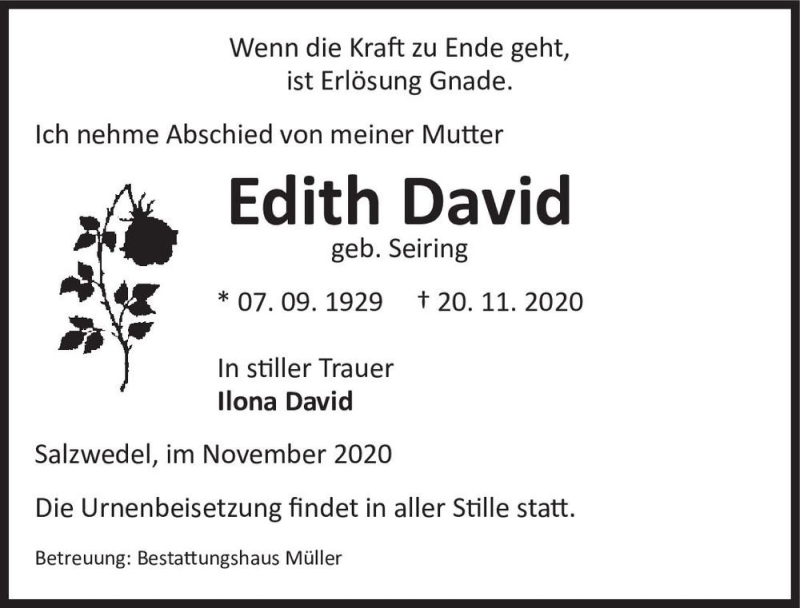  Traueranzeige für Edith David (geb. Seiring)  vom 24.11.2020 aus Magdeburger Volksstimme