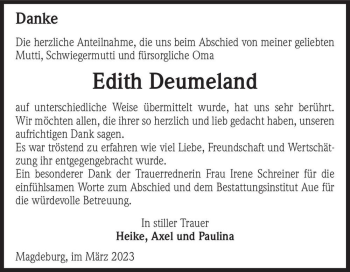 Traueranzeige von Edith Deumeland  von Magdeburger Volksstimme