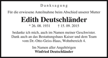Traueranzeige von Edith Deutschländer  von Magdeburger Volksstimme