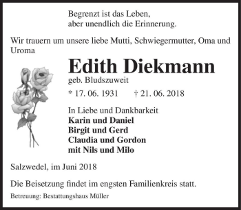Traueranzeige von Edith Diekmann (geb. Bludszuweit)  von Magdeburger Volksstimme