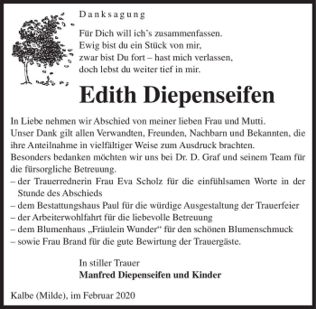 Traueranzeige von Edith Diepenseifen  von Magdeburger Volksstimme