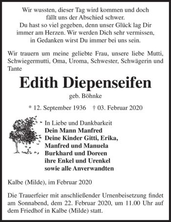 Traueranzeige von Edith Diepenseifen (geb. Böhnke)  von Magdeburger Volksstimme