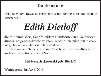 Traueranzeige von Edith Dietloff  von Magdeburger Volksstimme